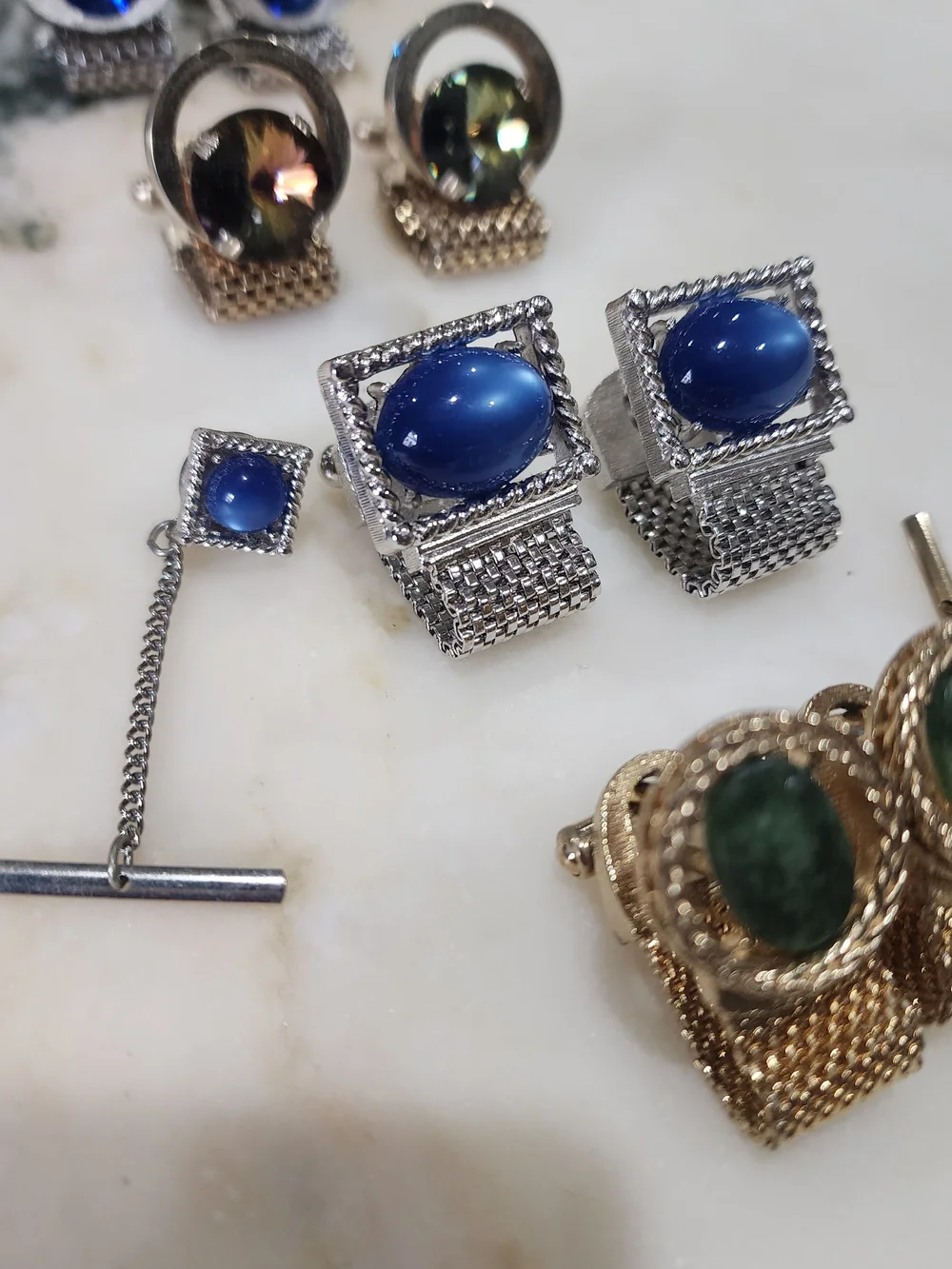 Vintage Mid-Century Men's Cufflinks Lot Mesh Wrap Styles 4 Sets + 3 Tie Tacks